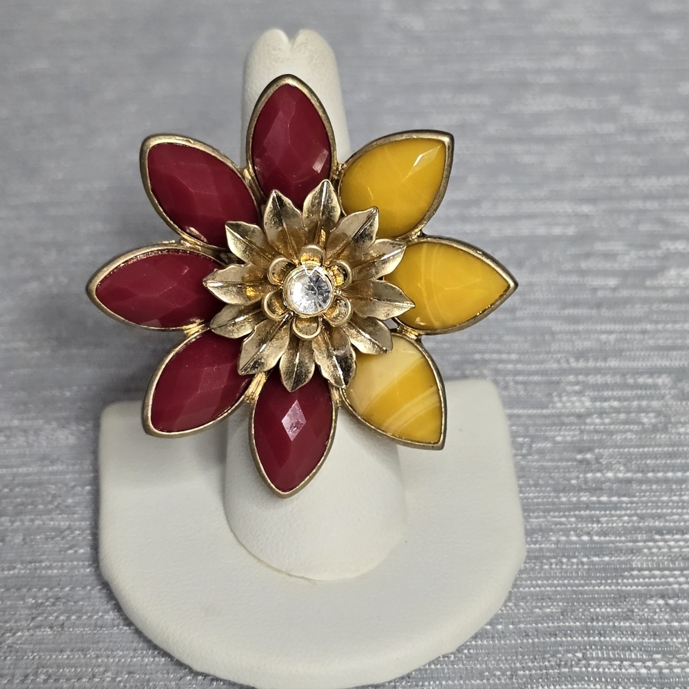 Flower enamel Brooch style colorful stretch Cocktail Ring